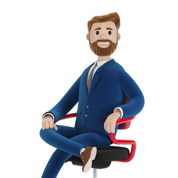 Beautiful cartoon character sitting on an office chair Bearded businessman in a suit on a white background 3d illustration