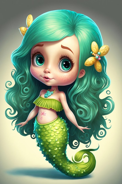 Photo beautiful cartoon cute mermaid poster for kids ai illustration