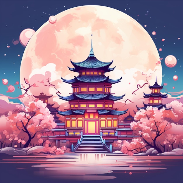 beautiful cartoon full moon on beautiful and colorful chinese temple background