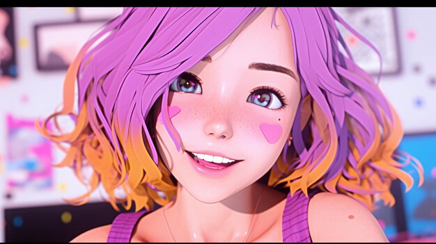 Photo beautiful cartoon girl with big eyes and colorful hair