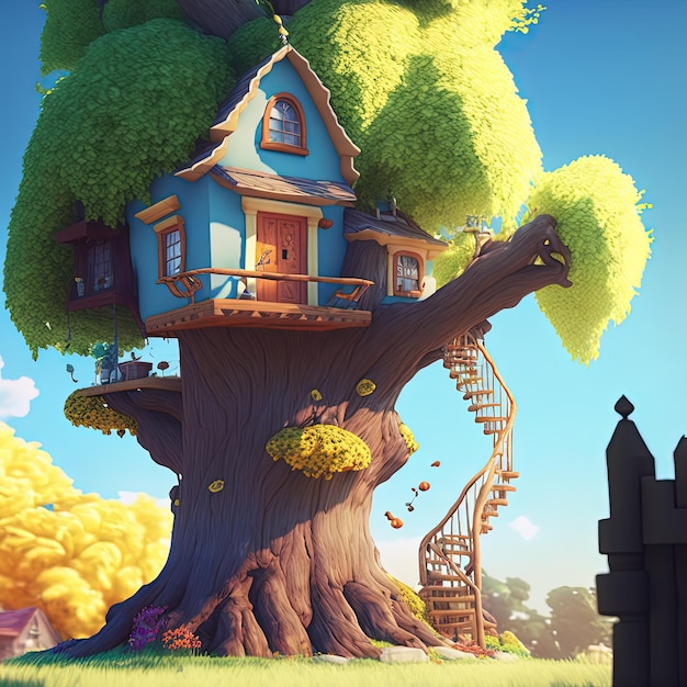 Beautiful cartoon illustration house in a tree colorful image happy mood