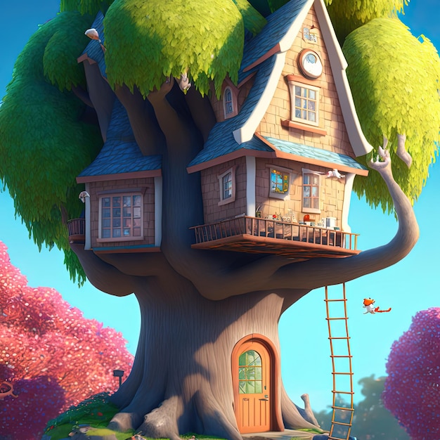 Beautiful cartoon illustration house in a tree colorful image happy mood