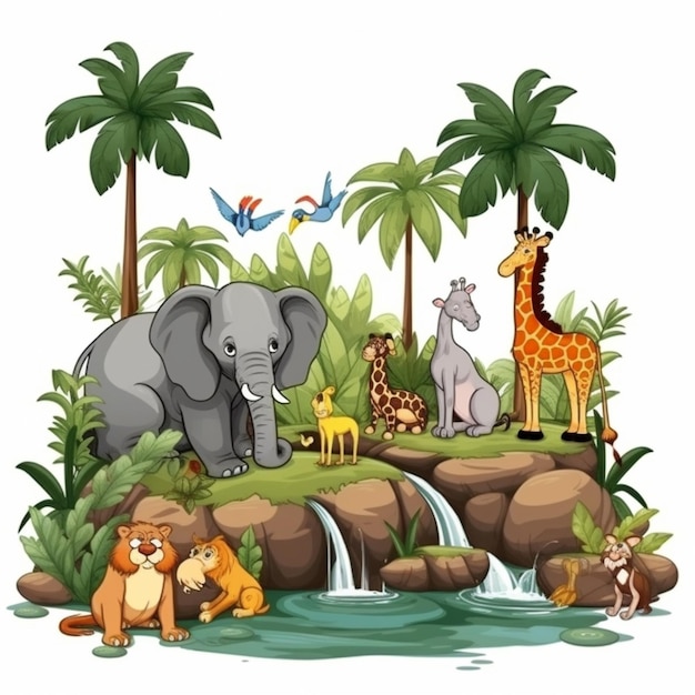 Beautiful cartoon jungle clipart scenery with animal white background AI Generated art