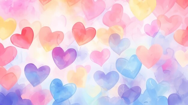 Photo beautiful cartoony hearts background in the style of blur watercolor painting pastel colors