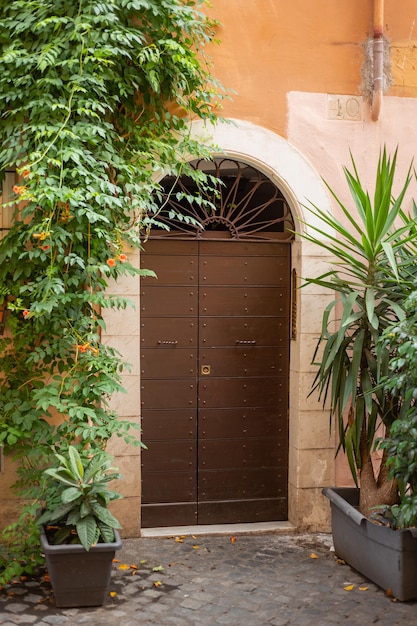 Beautiful carved wooden antique vintage doors on the street in trastevere area