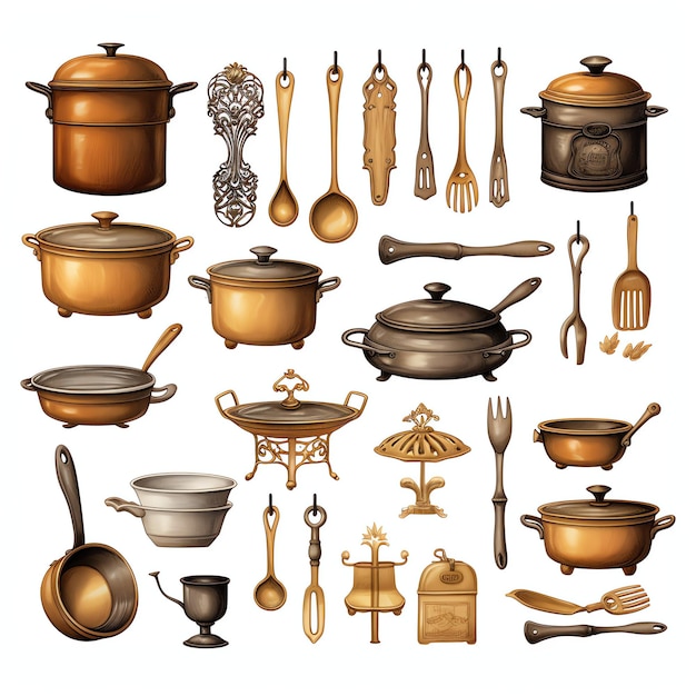 Photo beautiful cast iron cookware and utensils rustic cottagecore watercolor cozy clipart