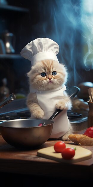 Foto bella gatta cuoco in cucina illustrazione realistica