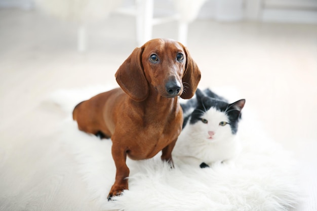 屋内の敷物の上に美しい猫とダックスフント犬