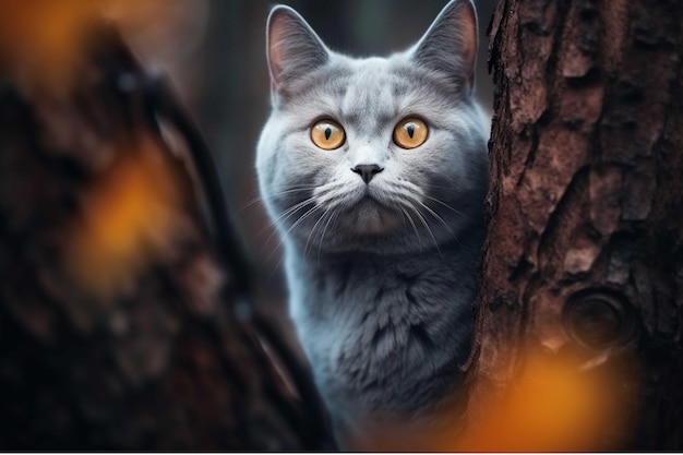 Beautiful cat in the forest Portrait of a gray cat