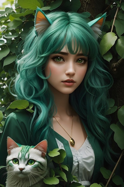 Beautiful cat girl with cats in green forest cat girl anime ai generative