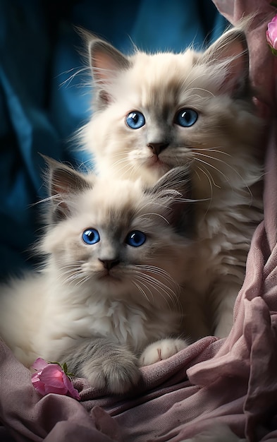 美しい猫と彼女の子猫 彼女の青い目ラグドール品種