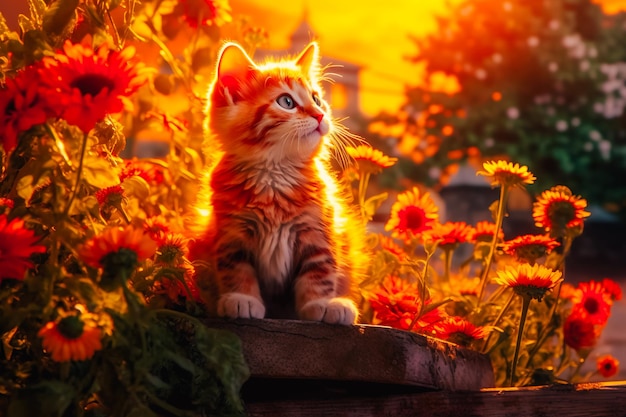 A beautiful cat hid in the flowers