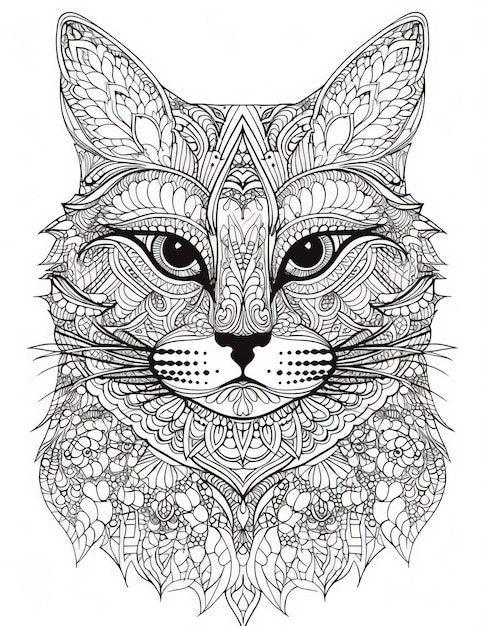 写真 塗り絵用の美しい猫のイラスト複雑なインク ライン黒と白の生成 ai