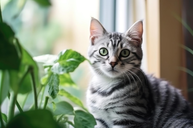 A beautiful cat is sitting by the window