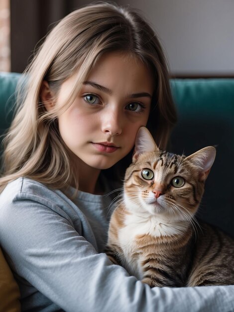 Foto un bellissimo gatto è seduto in grembo a una ragazza