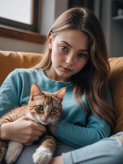 A beautiful cat is sitting on a girl's lap