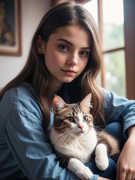 A beautiful cat is sitting on a girl's lap