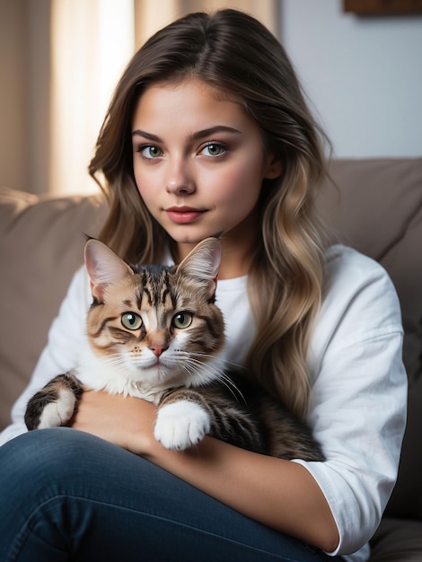 A beautiful cat is sitting on a girl's lap