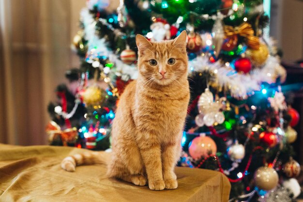 Photo beautiful cat near the new year tree