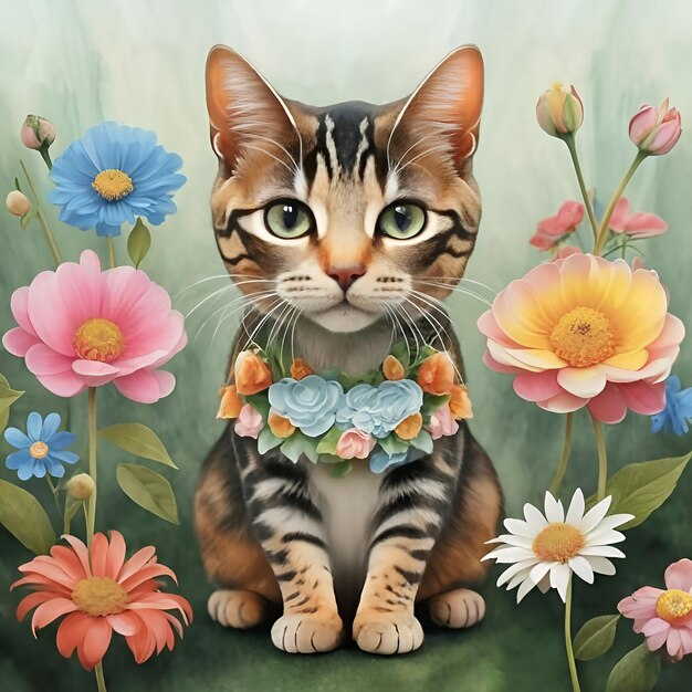 Beautiful cat sitting with flowers on the garden
