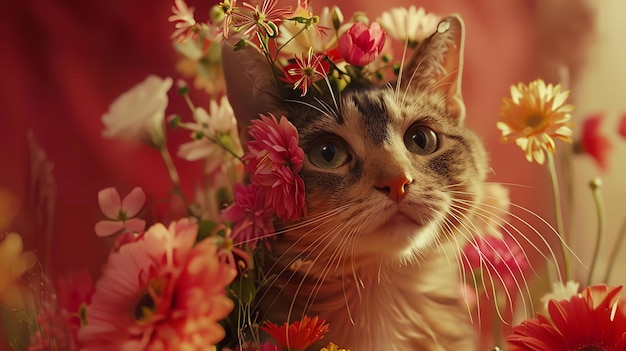 A beautiful cat with big green eyes is sitting in a field of flowers The cat is surrounded by colorful flowers of all different shapes and sizes