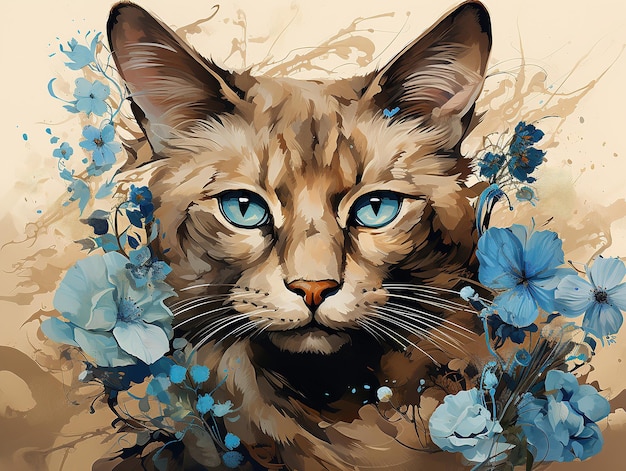 A beautiful cat with blue flowers painting