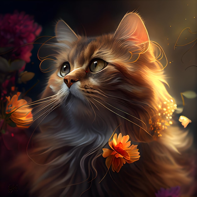 Beautiful cat with flowers on a dark background Digital painting