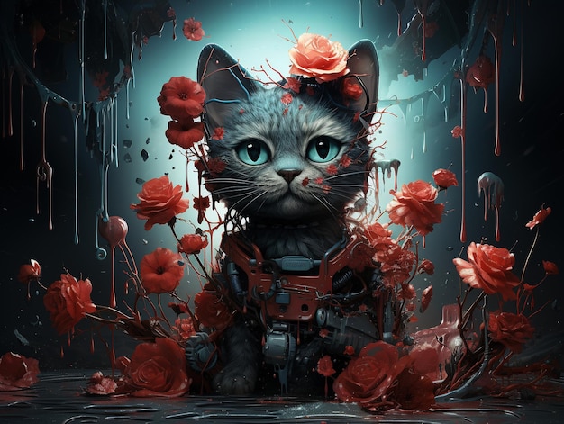 Beautiful cat with flowers painting