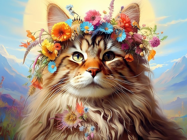 Beautiful cat with flowers painting
