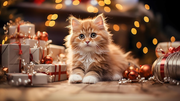 선물과 크리스마스 장식을 가진 아름다운 고양이 크리스마스 배경 생성 ai