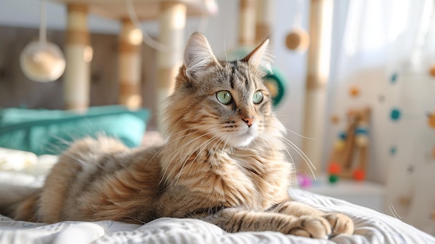 Foto bella gatta con gli occhi verdi si siede su un letto accogliente leggero gatto giocattoli sullo sfondo foto in primo piano