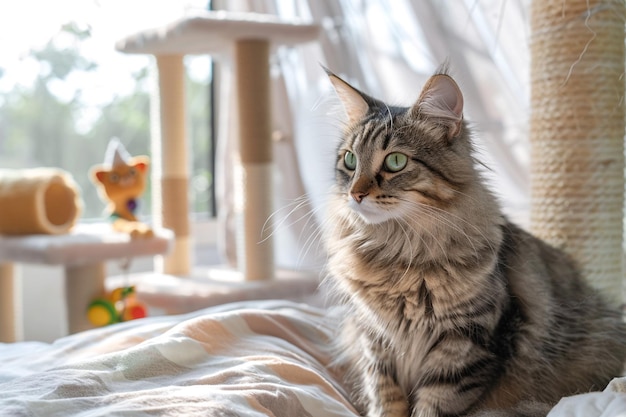 Foto bella gatta con gli occhi verdi si siede su un letto accogliente leggero gatto giocattoli sullo sfondo foto in primo piano