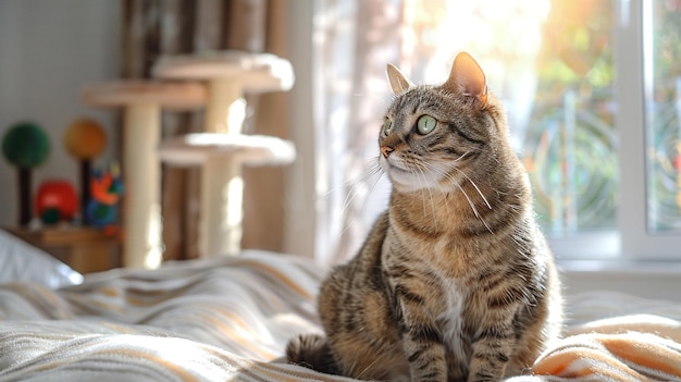 Foto bella gatta con gli occhi verdi si siede su un letto accogliente leggero gatto giocattoli sullo sfondo foto in primo piano