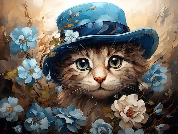 Beautiful cat with the hat painting