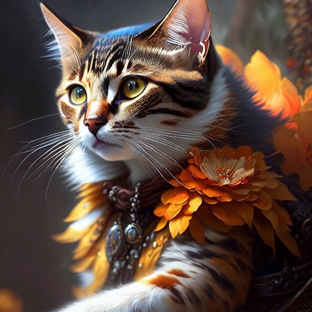 beautiful cat with orange flowers