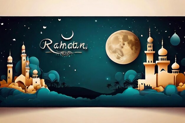 Foto bellissimo stile catoon decorativo luna e moschea sfondo ramadan kareem