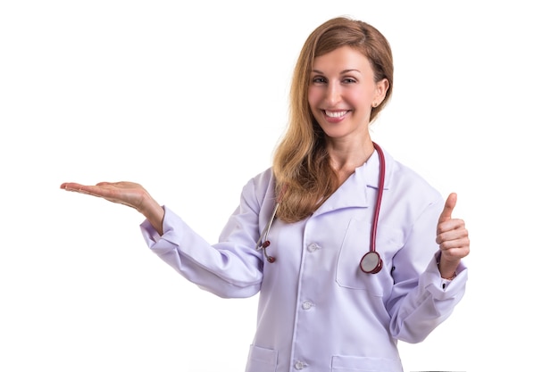 Beautiful caucasian doctor wear white suit with red stethoscope