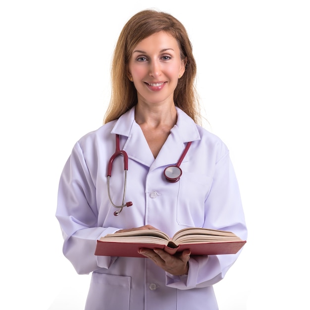 Beautiful caucasian doctor wear white suit with red stethoscope