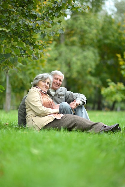 Beautiful caucasian elderly couple in the park in autumn