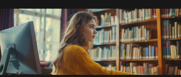 The beautiful Caucasian female student wearing a yellow jumper is working on her school thesis in the quiet public library