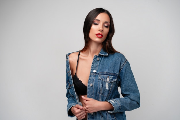 Beautiful caucasian girl denim jacket posing  