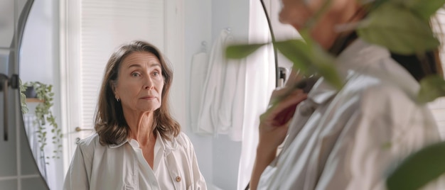 Photo beautiful caucasian middleaged woman looks into the bathroom mirror and enjoys her looks a concept for happiness wellbeing natural beauty and organic skin care