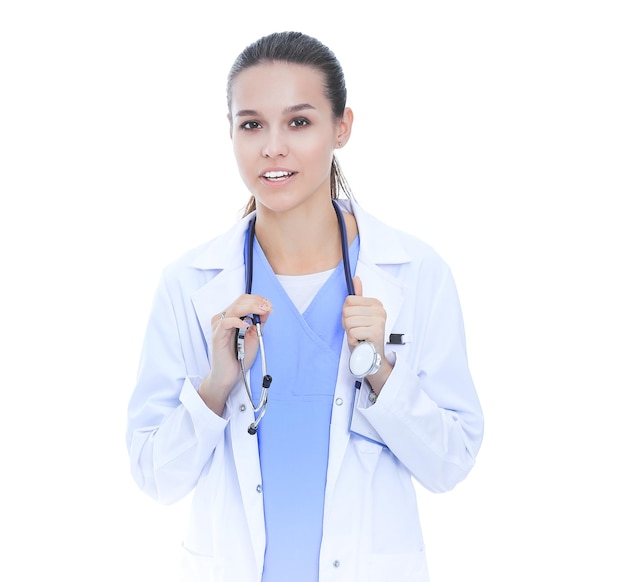 Beautiful caucasian nurse isolated on white background