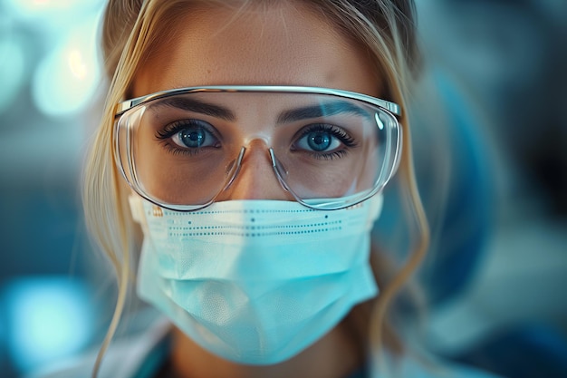 美しい白人女性医師や実験室の職員がマスクをかぶって保護眼鏡をかぶっている