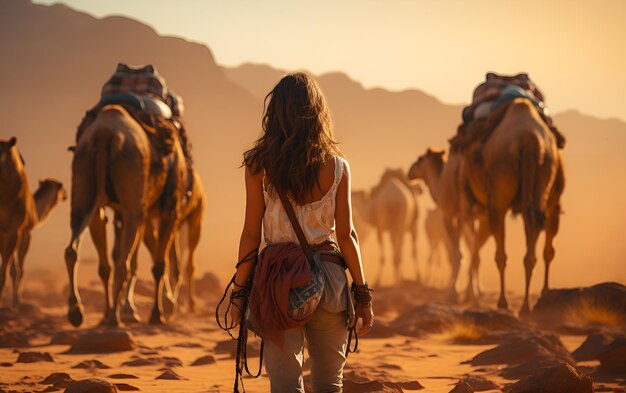 Beautiful Caucasian A woman poses with her back to a herd camels for travel summer in desert