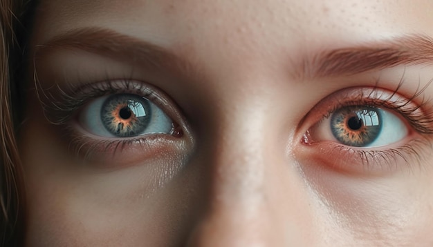 Beautiful caucasian woman staring at camera with captivating brown eyes generated by artificial intelligence