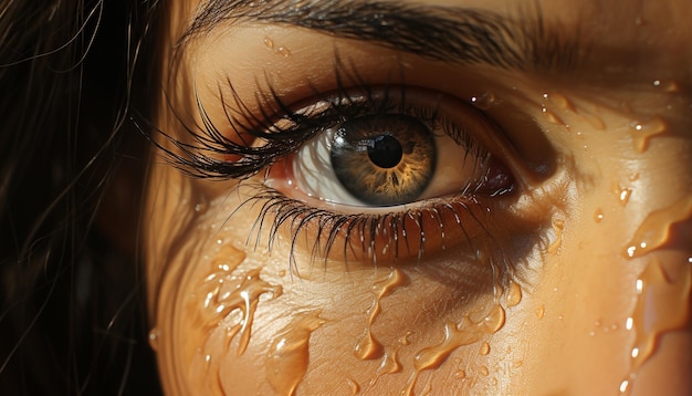 Beautiful caucasian woman staring at camera with wet eyelashes generated by artificial intelligence