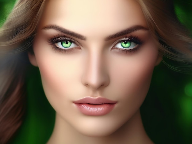 Красивая белая женщина с зелеными глазами смотрит в камеру.