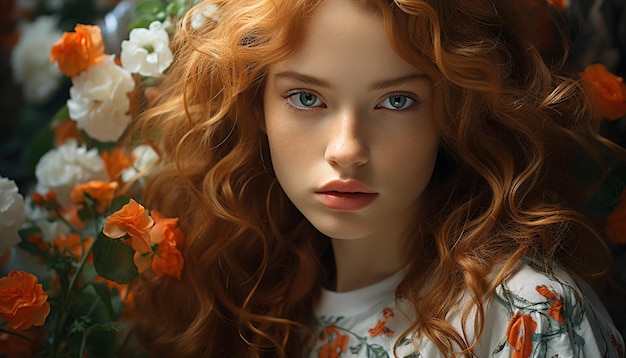 Beautiful caucasian woman with long curly brown hair smiling and looking at camera generated by artificial intelligence