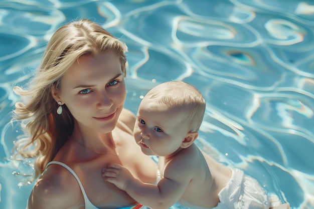 아름다운 백인 젊은 어머니와 수영장에서 그녀의 아기